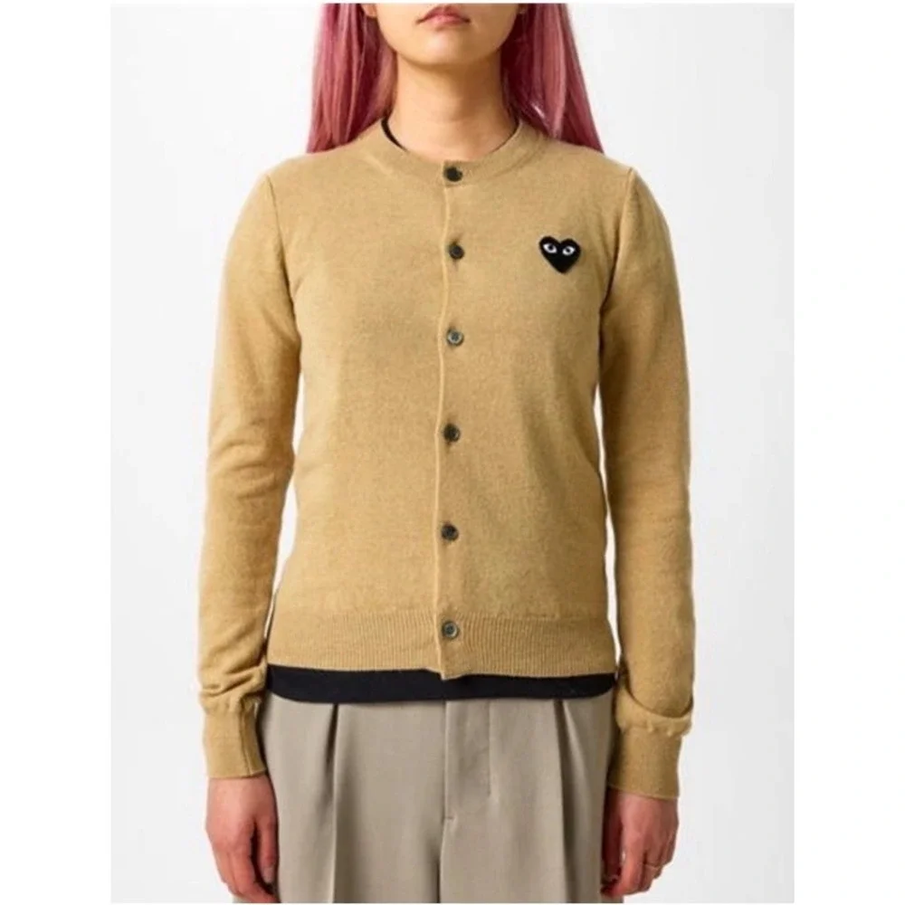 PLAY Comme des Garcons Tan Button Up Embroidered Black Heart Cardigan Designer S